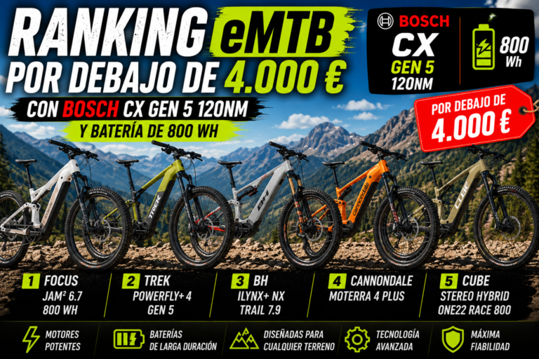 Ranking eMTB por debajo de 4.000 € con Bosch CX Gen 5 y batería de 800 Wh