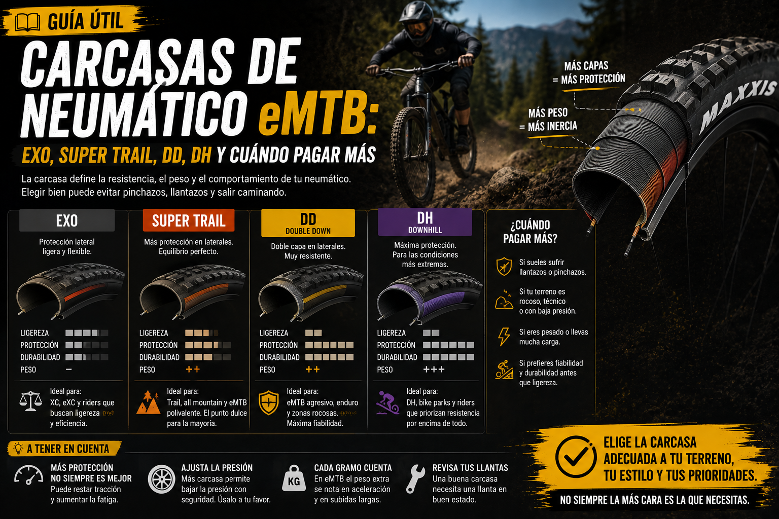 Carcasas de neumático eMTB: EXO, Super Trail, DD, DH y cuándo pagar más