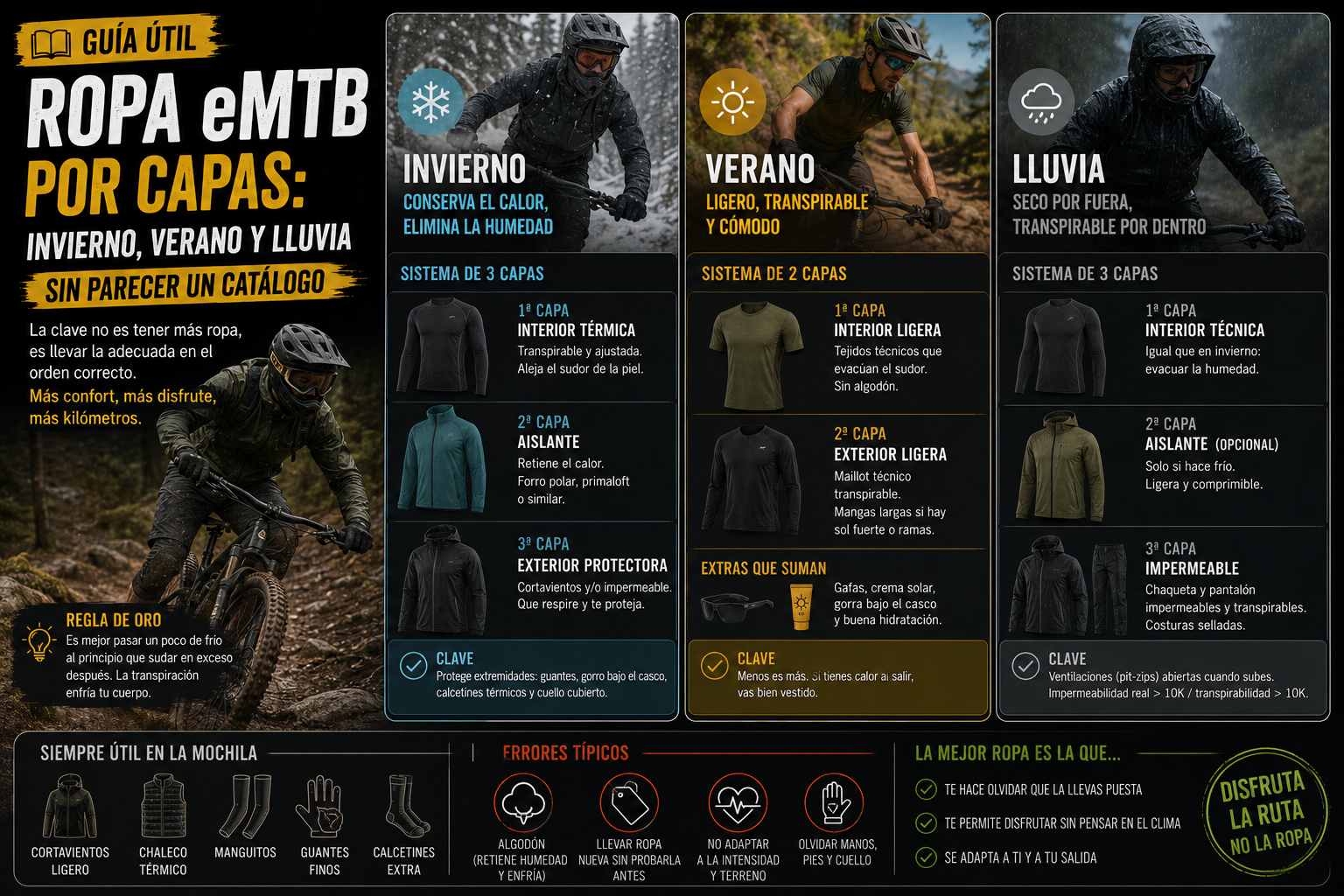 Ropa eMTB por capas: invierno, verano y lluvia sin parecer un catálogo