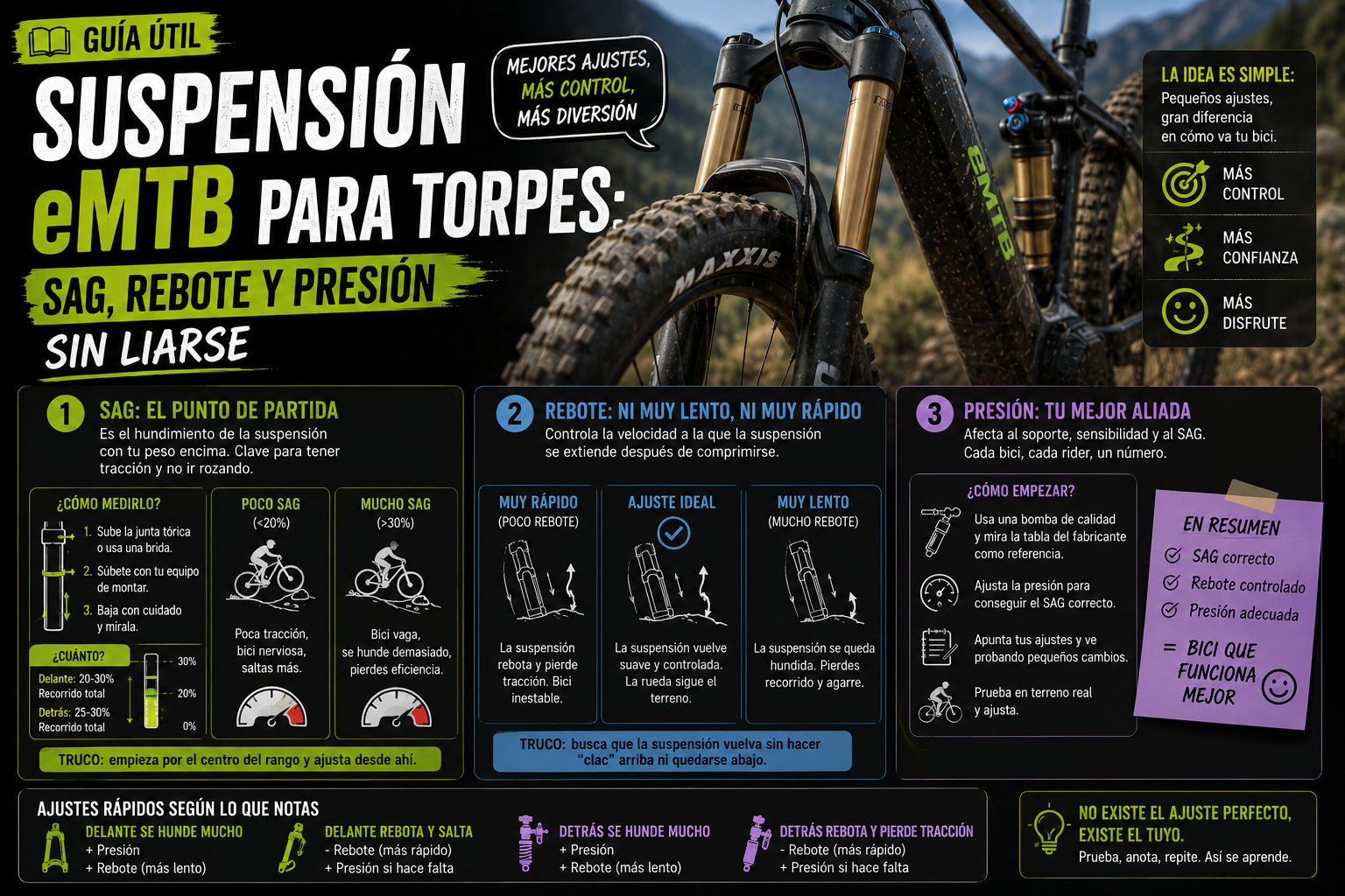 Suspensión eMTB para torpes: SAG, rebote y presión sin liarse