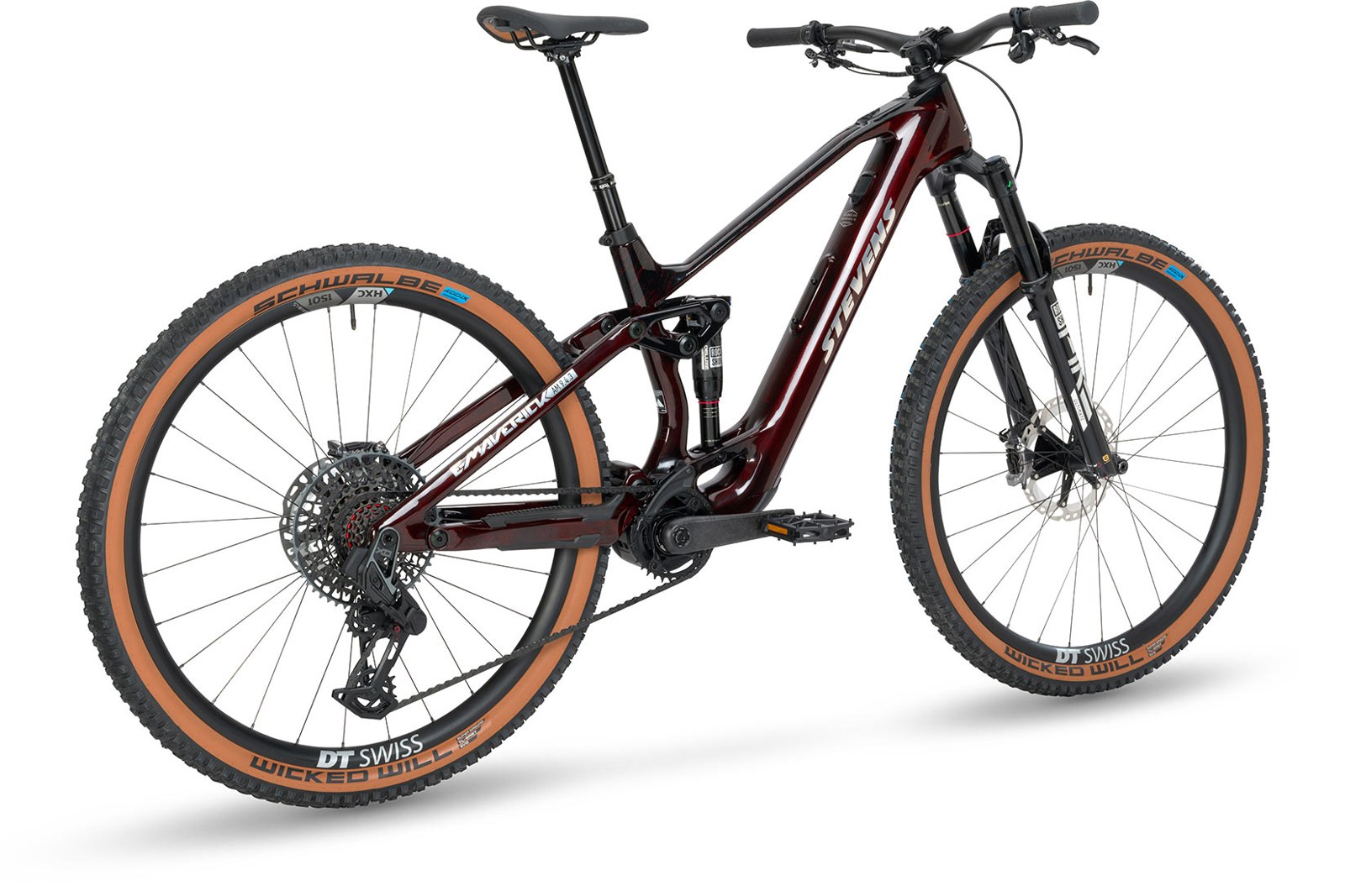 Transmisión y vista trasera de la STEVENS E-Maverick AM 9.4.3 Dark Lava Red de 2024