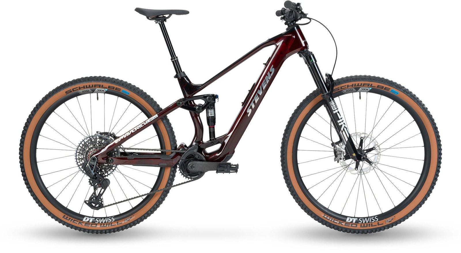 Vista lateral de la STEVENS E-Maverick AM 9.4.3 Dark Lava Red de 2024
