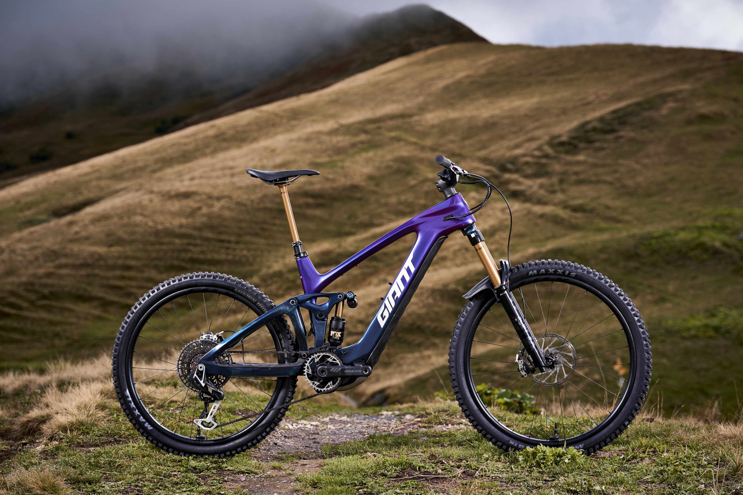 Giant Reign Advanced E+ de carbono, violeta y azul, fotografiada completa en un sendero de montaña sin ciclista.