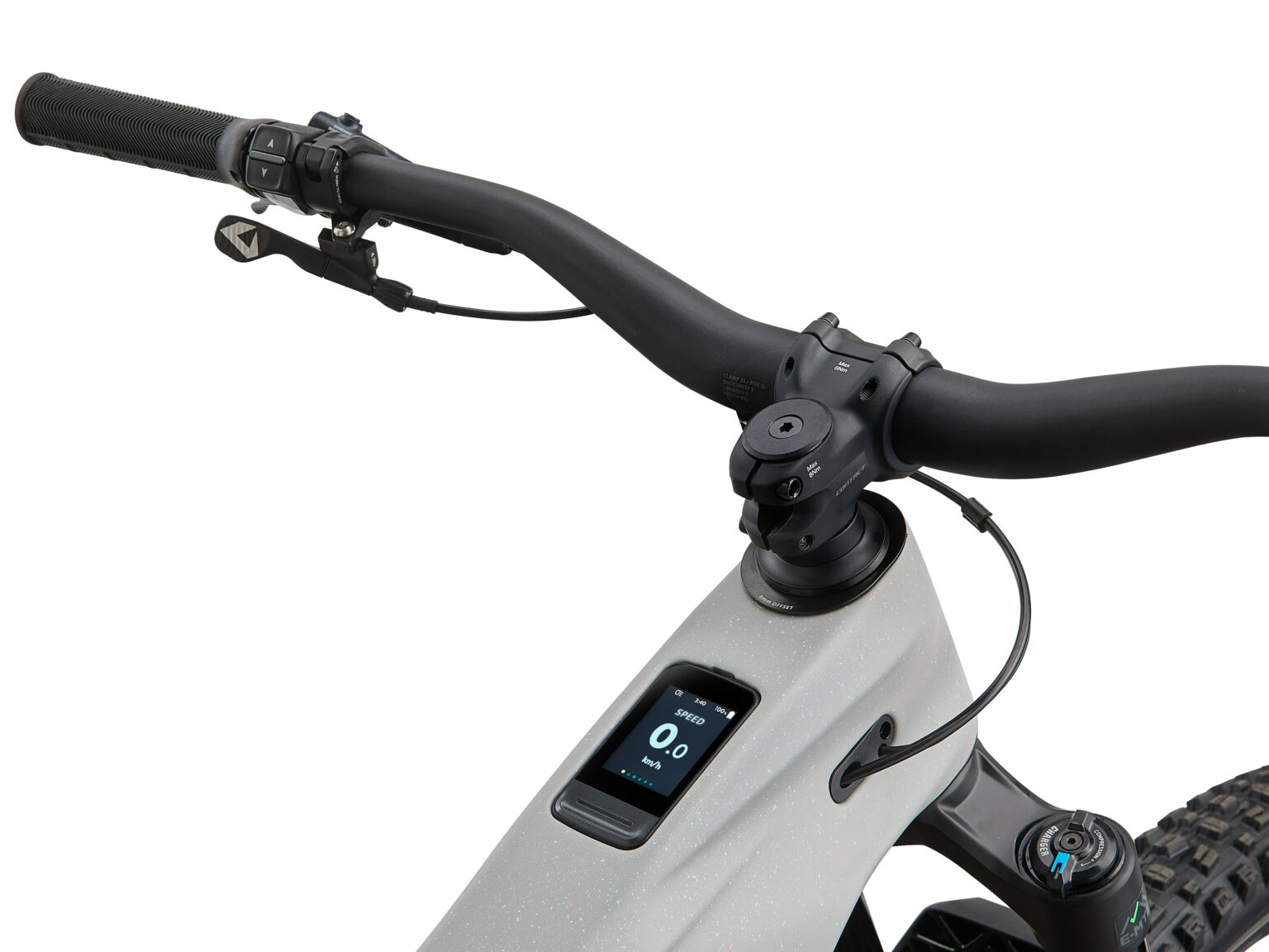Pantalla RideControl Go Lux integrada en el tubo superior y mando junto al puño de la Reign Advanced E+ 2.