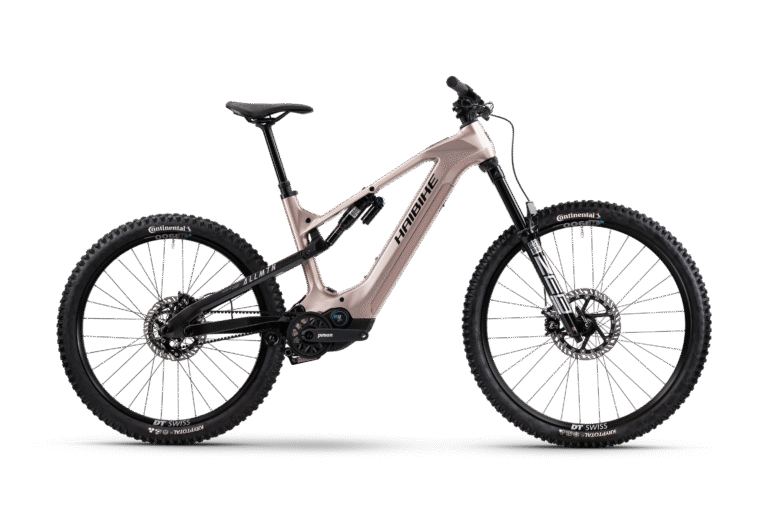 Haibike ALLMTN CF 11 TRN/IQ completa en vista lateral, con motor Pinion y transmisión por correa.