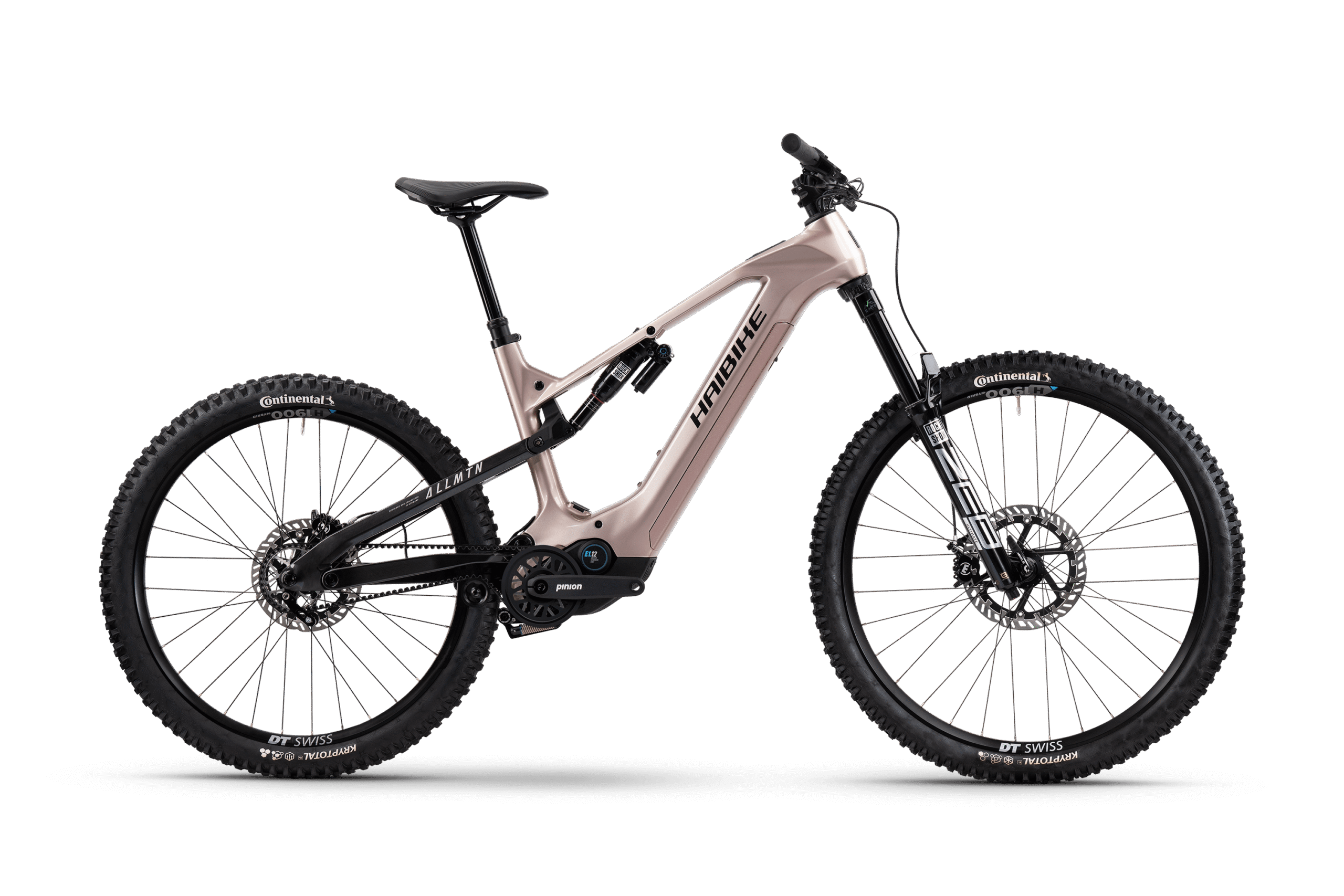 Haibike ALLMTN CF 11 TRN/IQ completa en vista lateral, con motor Pinion y transmisión por correa.