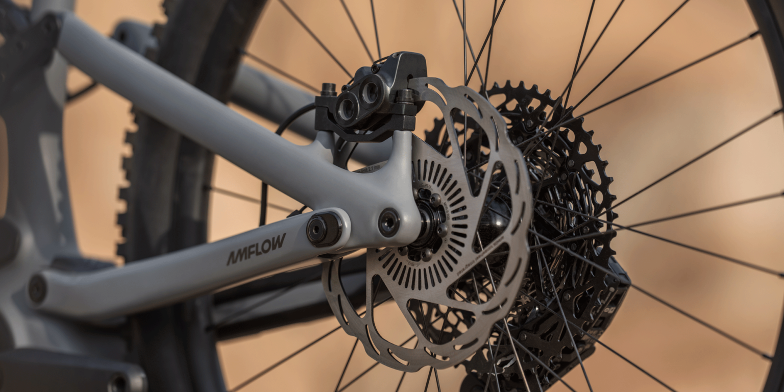 Vista exterior de pinza, adaptador y disco trasero montados en una AMFLOW PX Carbon