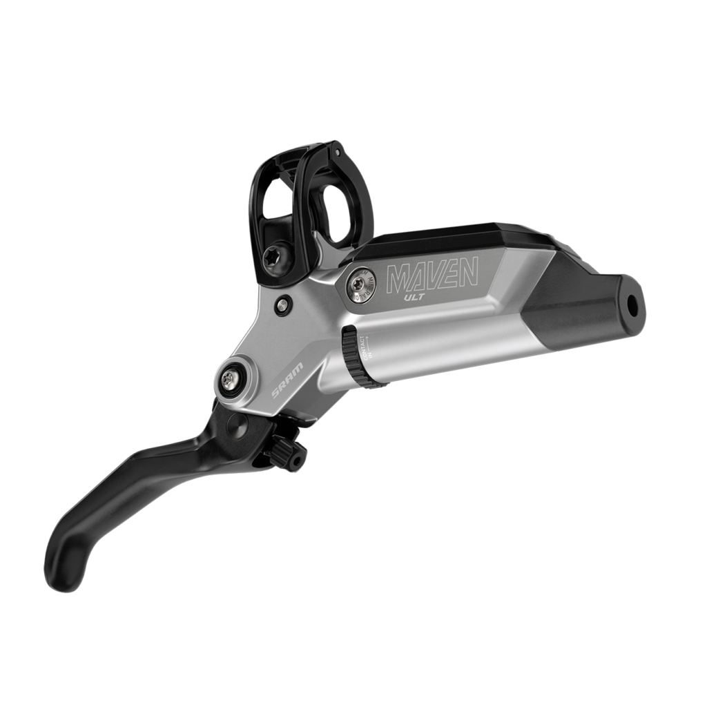 Maneta SRAM Maven Ultimate A1 en tres cuartos, con cuerpo plateado y leva negra