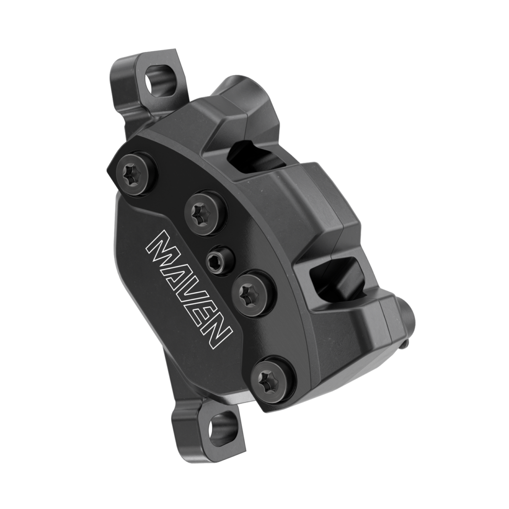 Pinza SRAM Maven Silver B1 negra en tres cuartos, con cuatro tornillos del cuerpo visibles