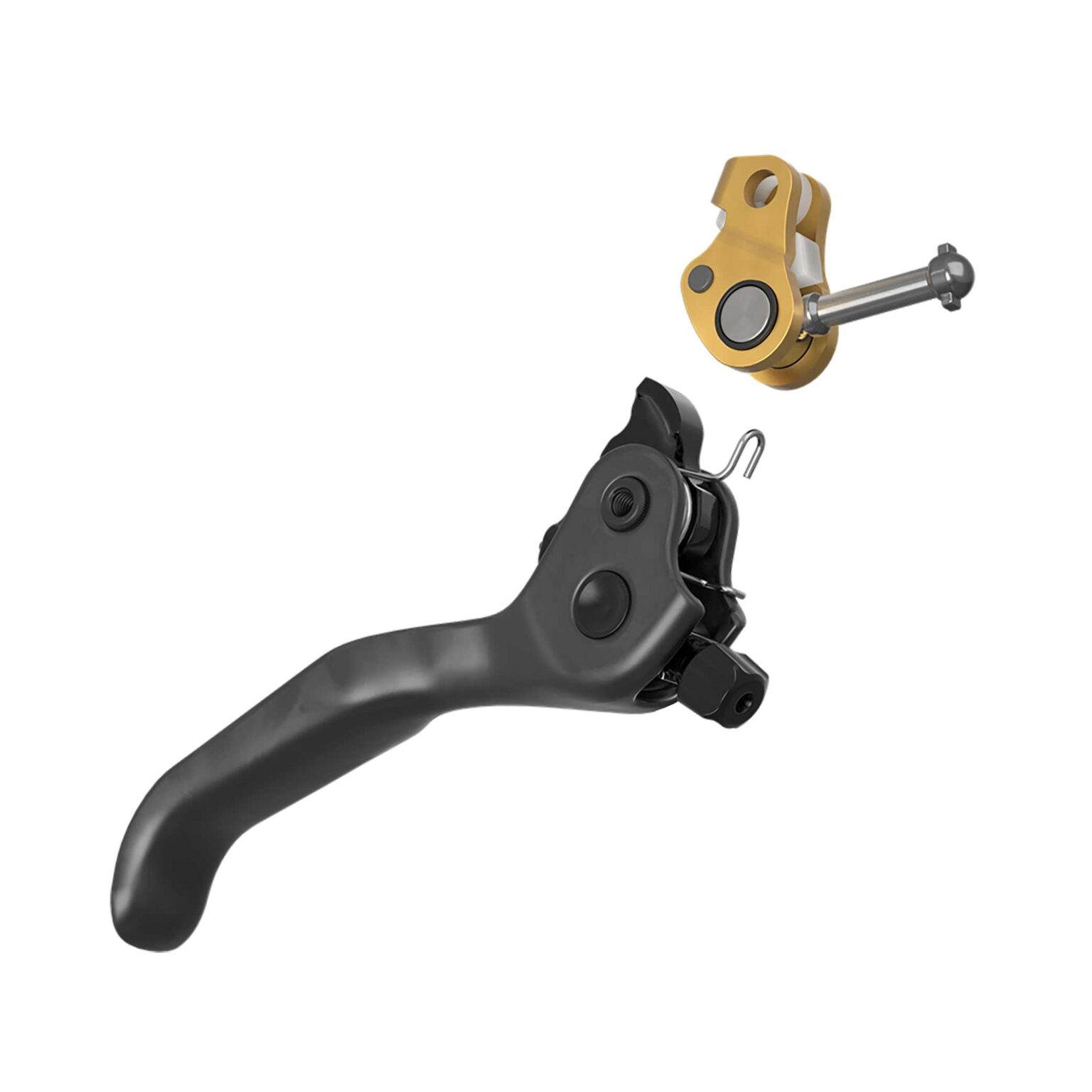 Leva de carbono Maven Ultimate Tuning Kit y mecanismo SwingLink dorado separados sobre blanco
