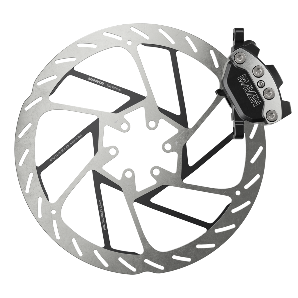 Pinza Maven Ultimate de la ficha B1 junto a un disco SRAM HS2, vista lateral de catálogo