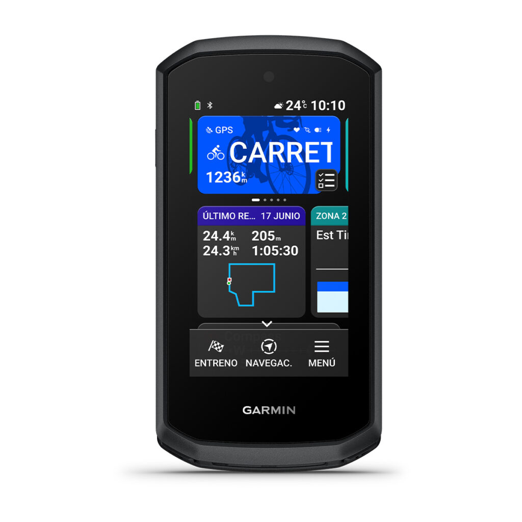 Garmin Edge Explore 3 Plus from the front, showing navigation and home screens