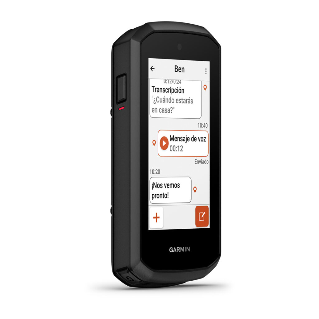 Garmin Edge Explore 3 Plus in three-quarter view, displaying voice messages