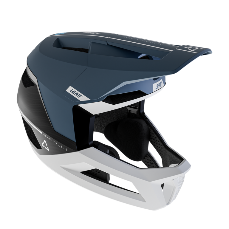 Full three-quarter view of a blue and white Leatt Gravity 5.0 full-face helmet
