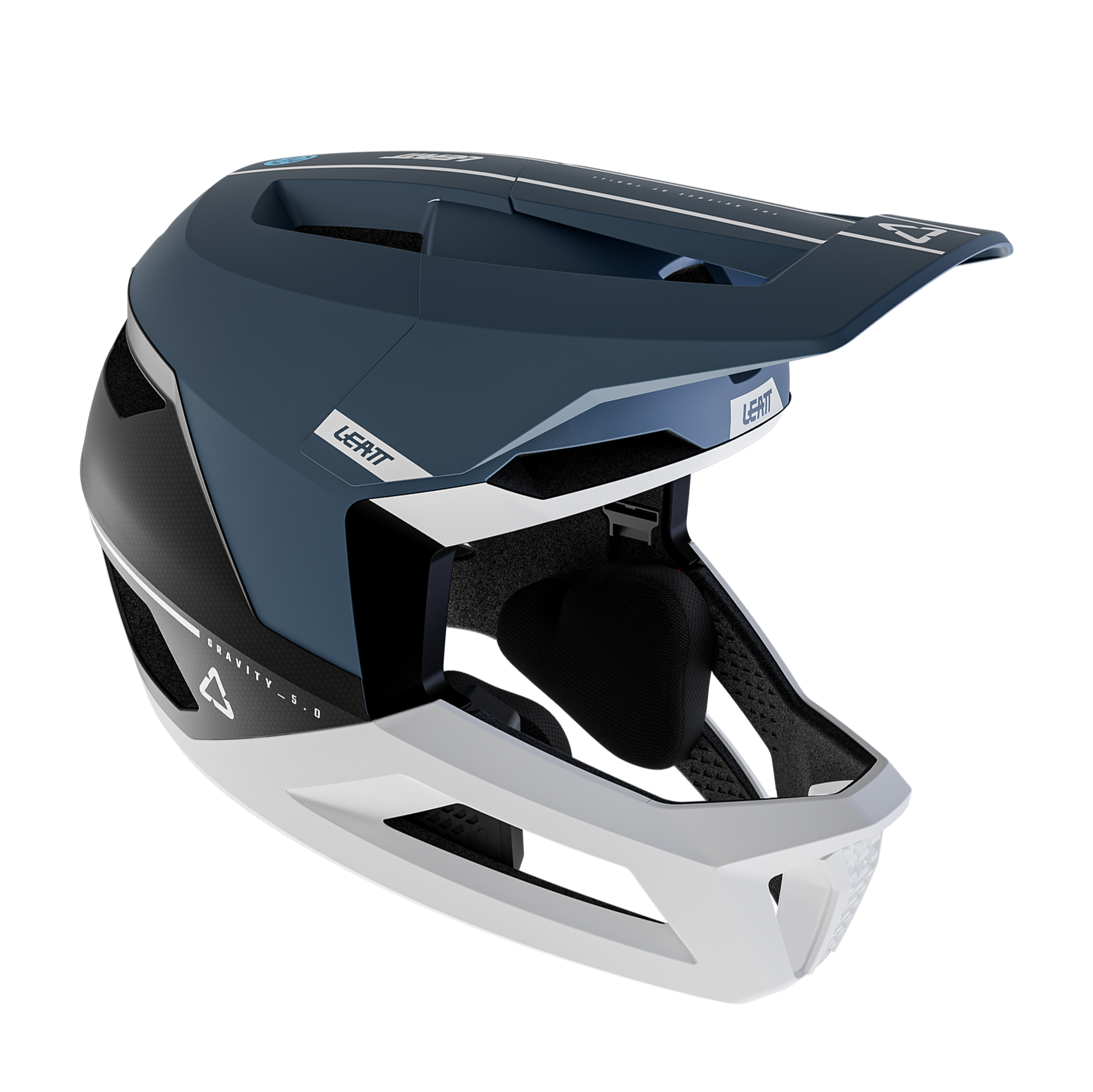 Full three-quarter view of a blue and white Leatt Gravity 5.0 full-face helmet