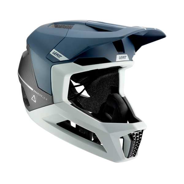 Front opening and chin bar of the blue and white Leatt Gravity 5.0