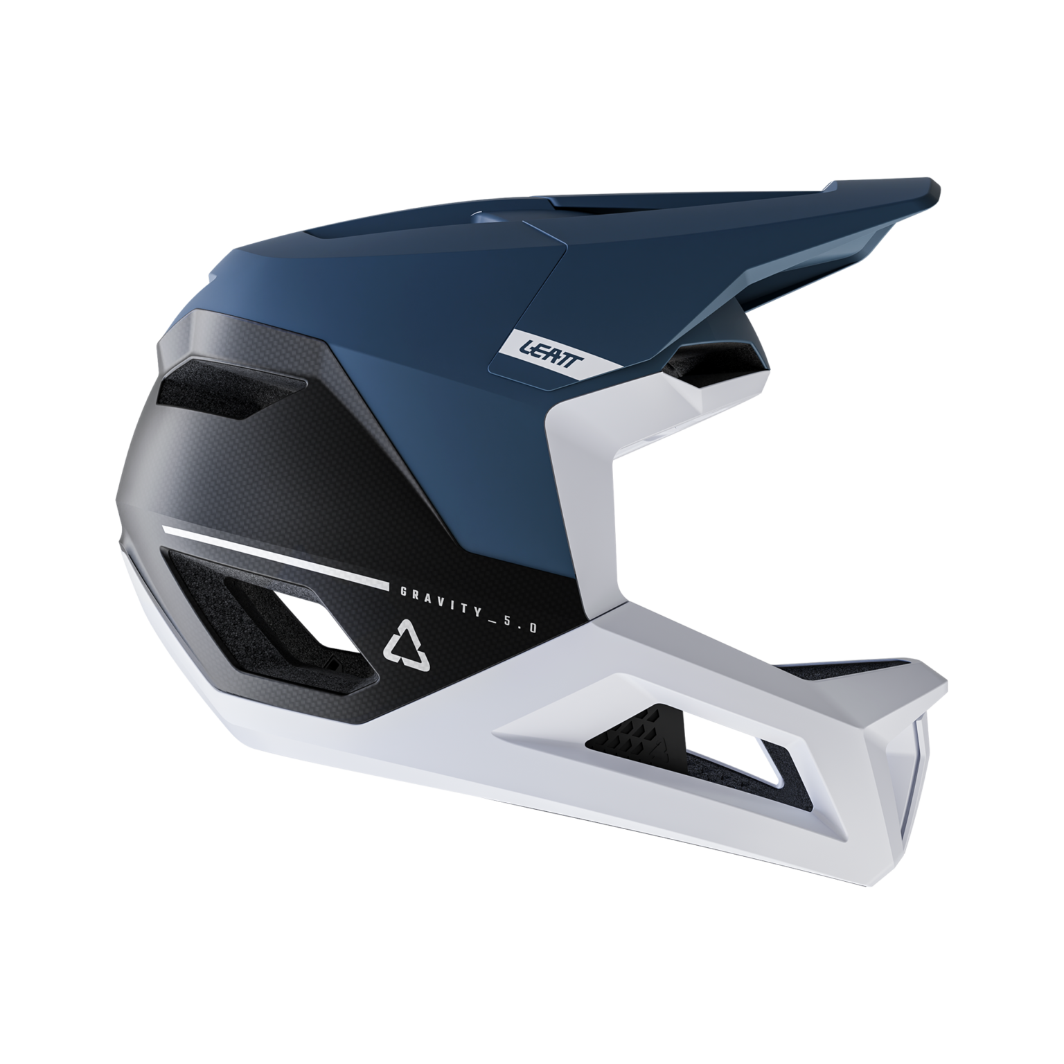 Right-side profile of the blue and white Leatt Gravity 5.0 helmet