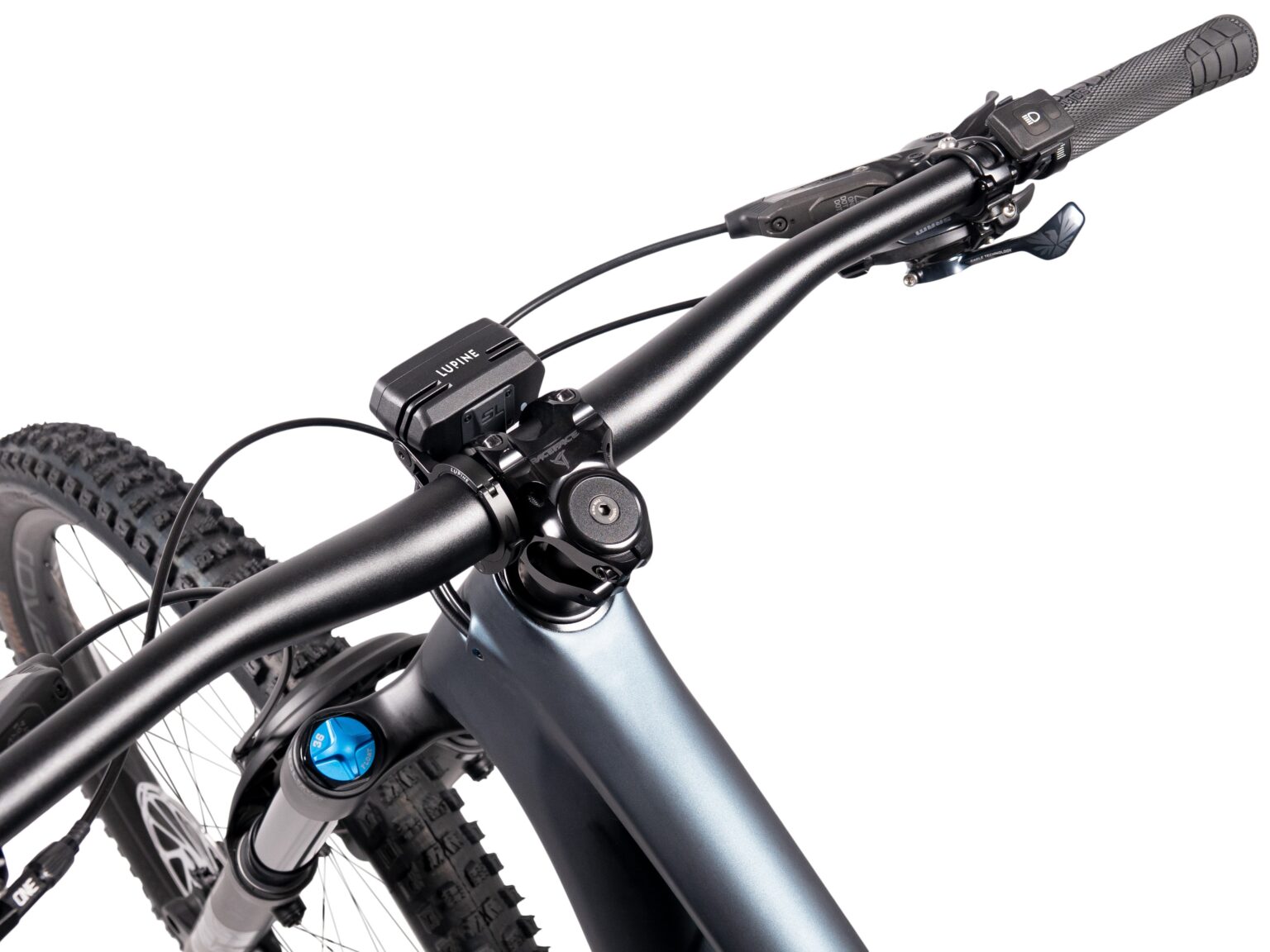 Rear view of the Lupine lamp head and its handlebar mounting