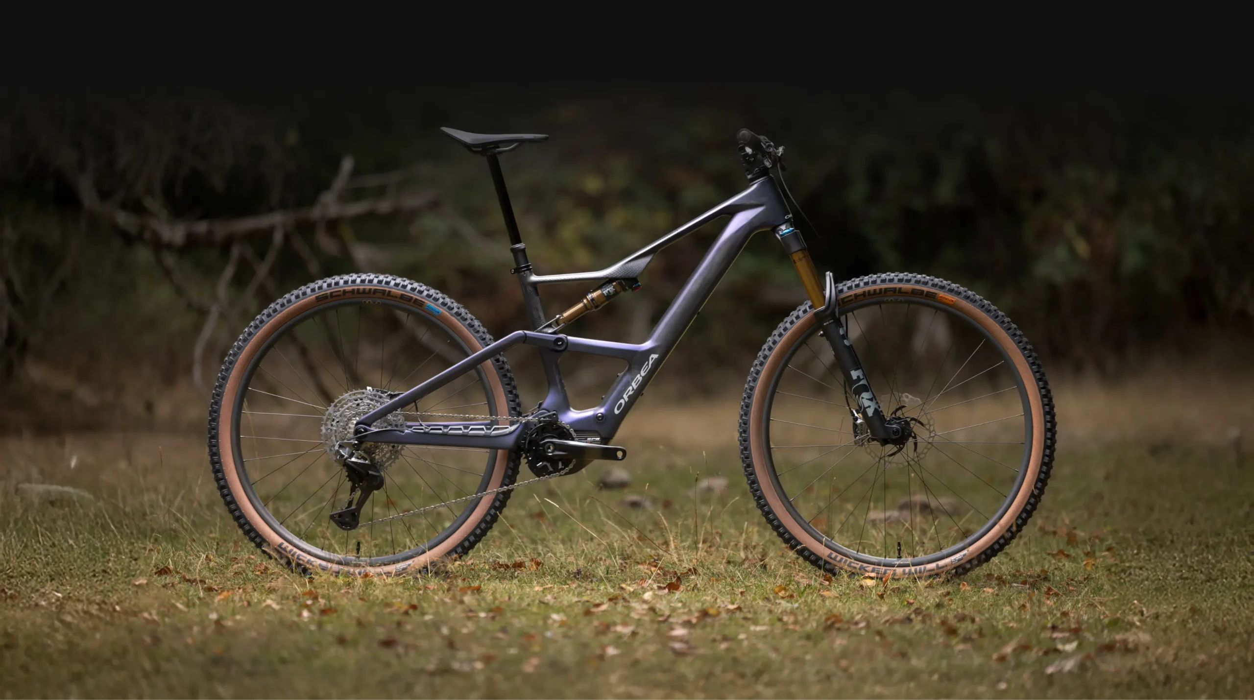 Orbea Rise SL morada completa en un sendero, sin ciclista