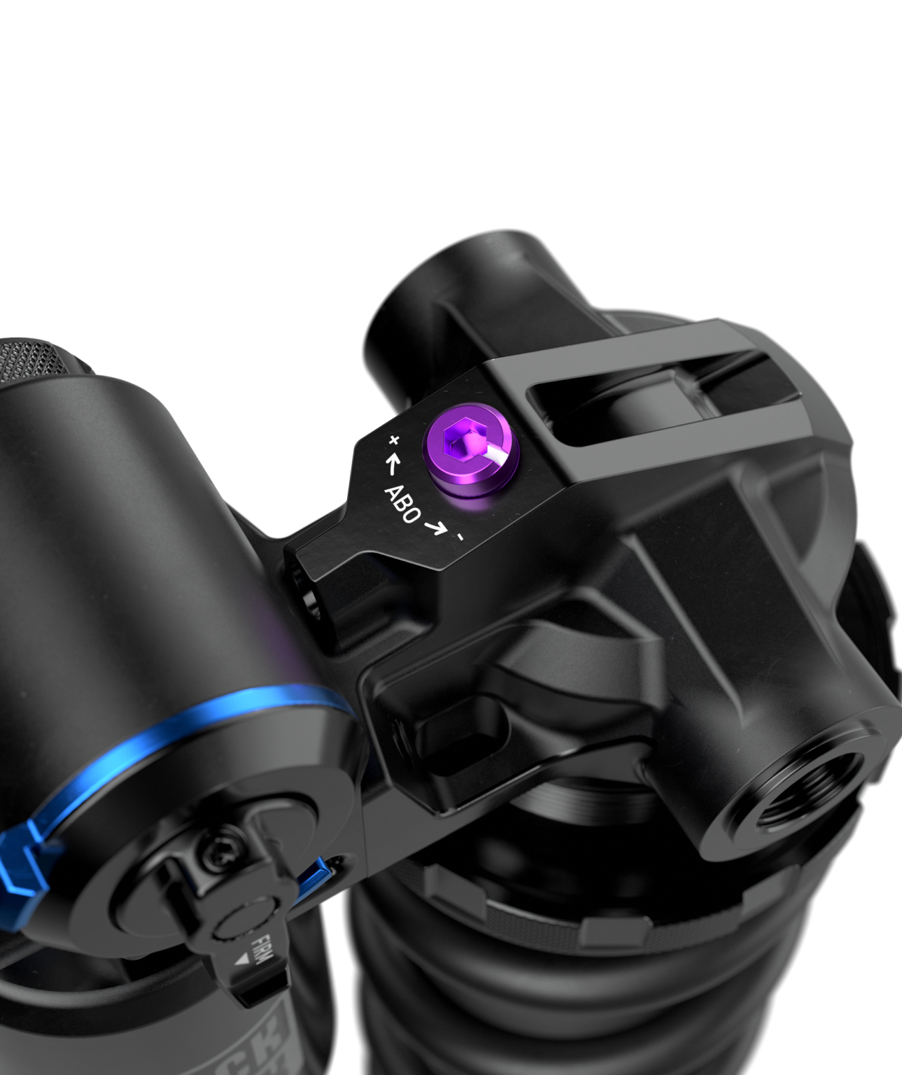 Detalle del regulador violeta ABO en un RockShox Vivid Coil D1